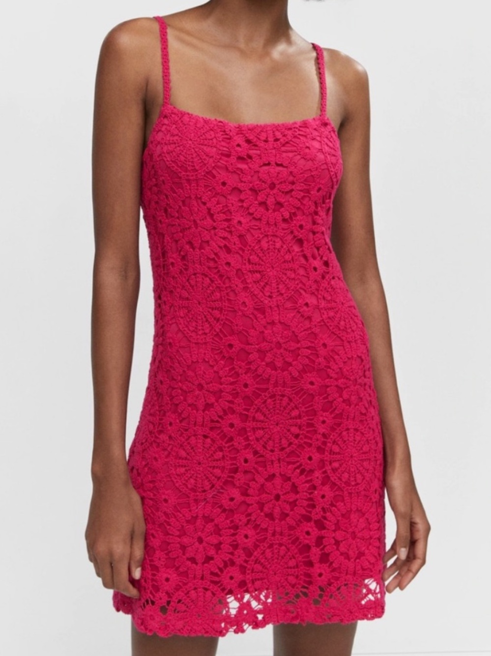Mango Hot Pink Crochet Mini Dress